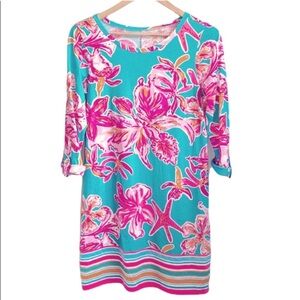 Lilly Pulitzer Linden Floral Print Tunic Dress Tab Sleeve Roll Cull Sleeve XS